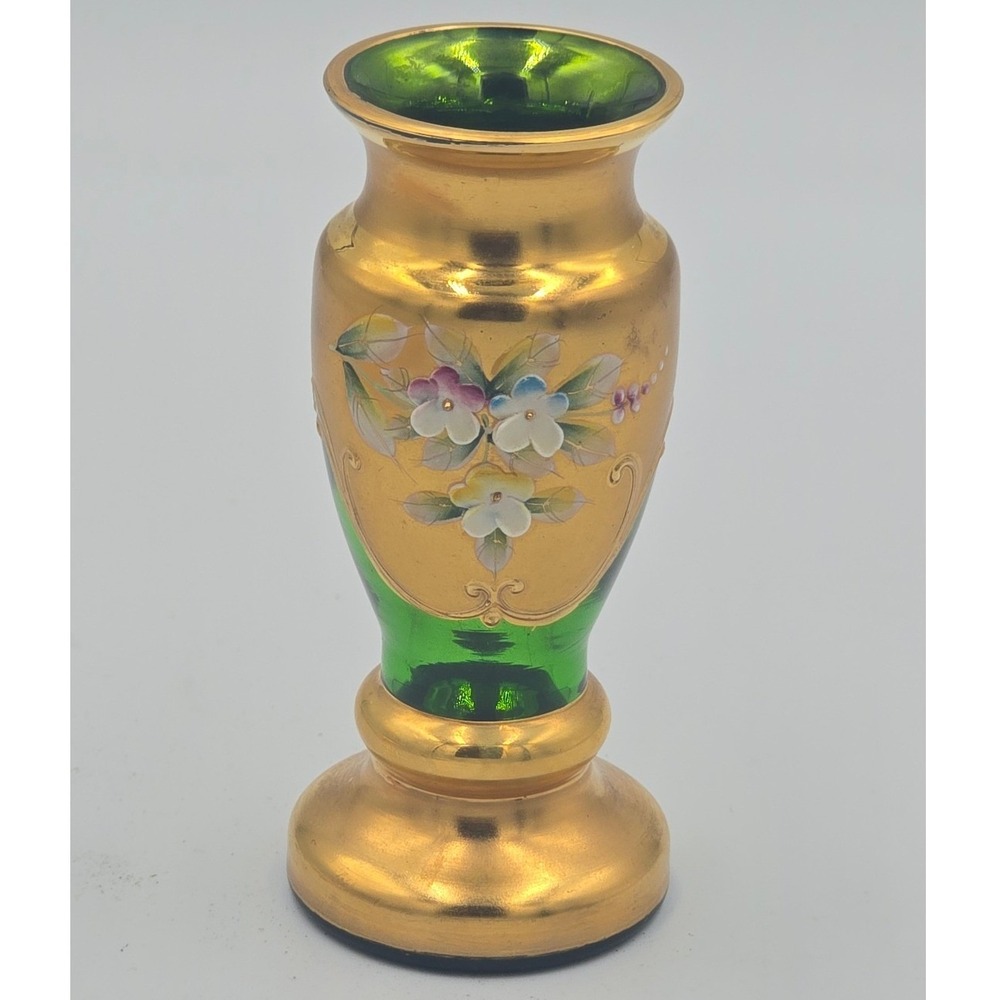 Vintage Murano Venetian Green Glass Vase Tre Fuochi Gold Gilt Portrait Cameo